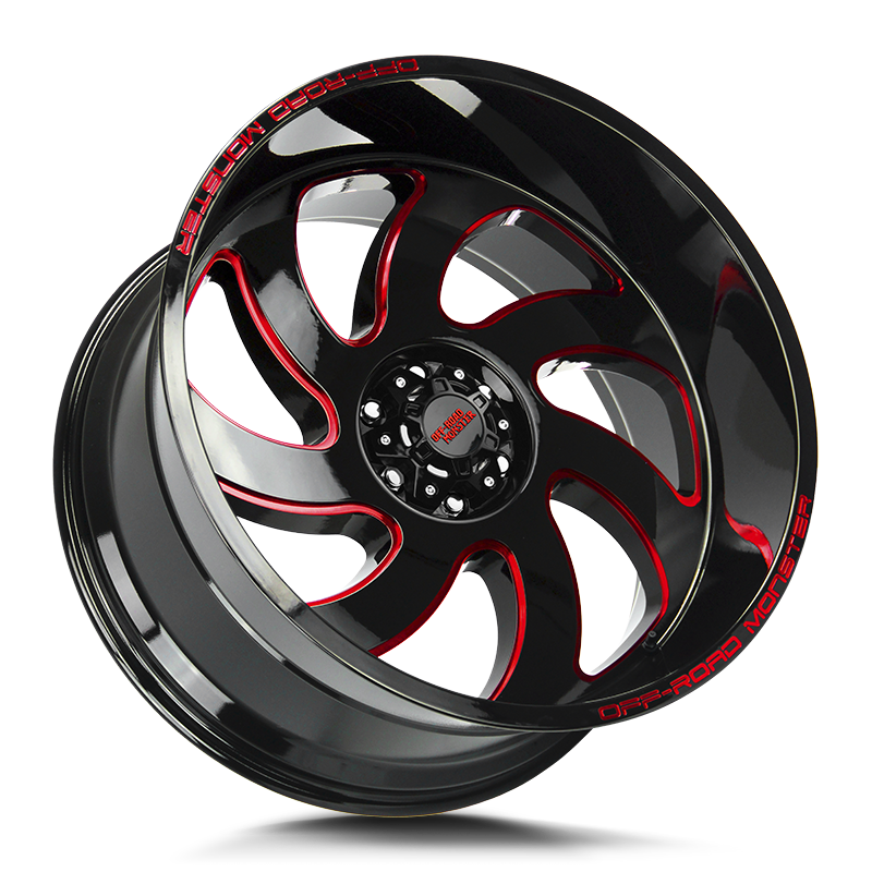 The M07 Wheel by Off Road Monster in Gloss Black Candy Red Milled